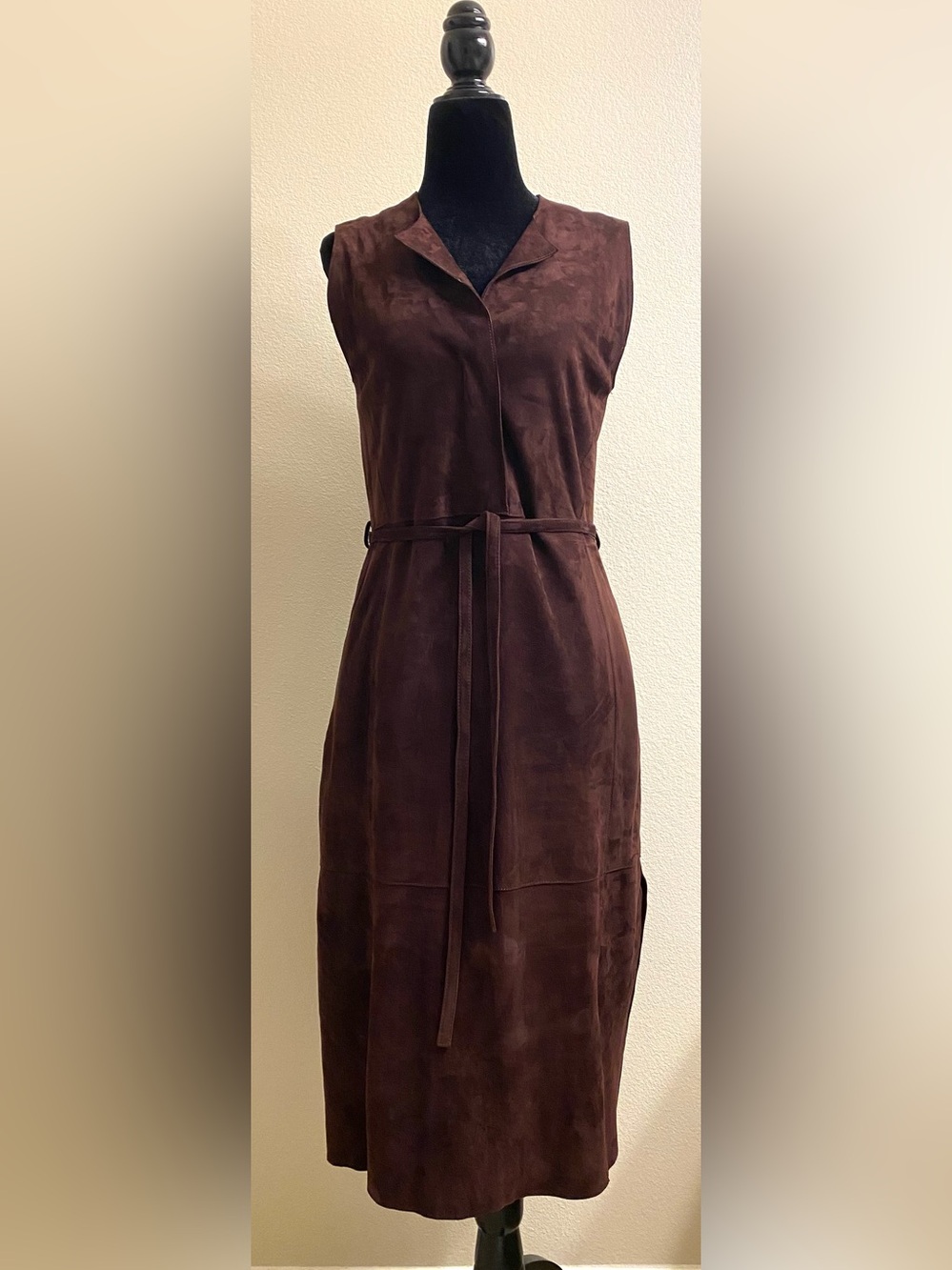 Vince Lamb Suede Chocolate Brown Sleeveless Belted Shift Dress